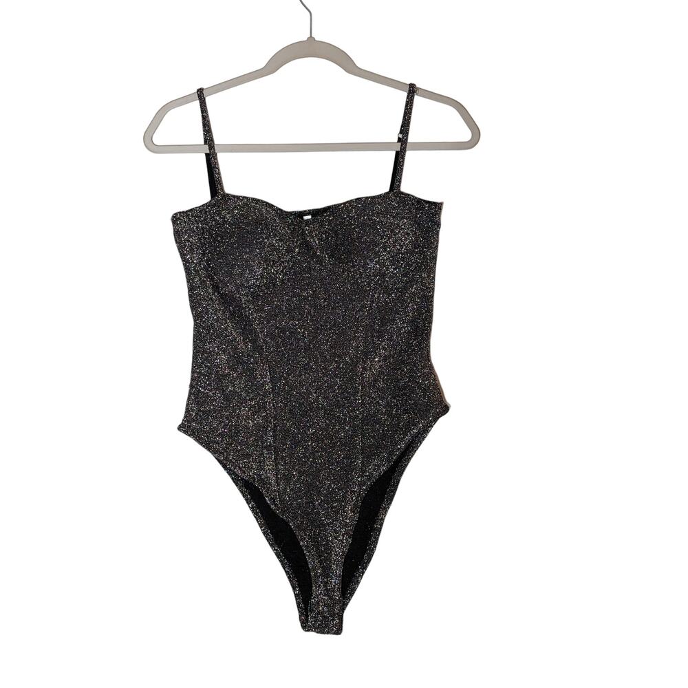 Zaful Sparkle Bodysuit Large Silver Shiny Sleeveless Sweetheart Neckline Low Cut
